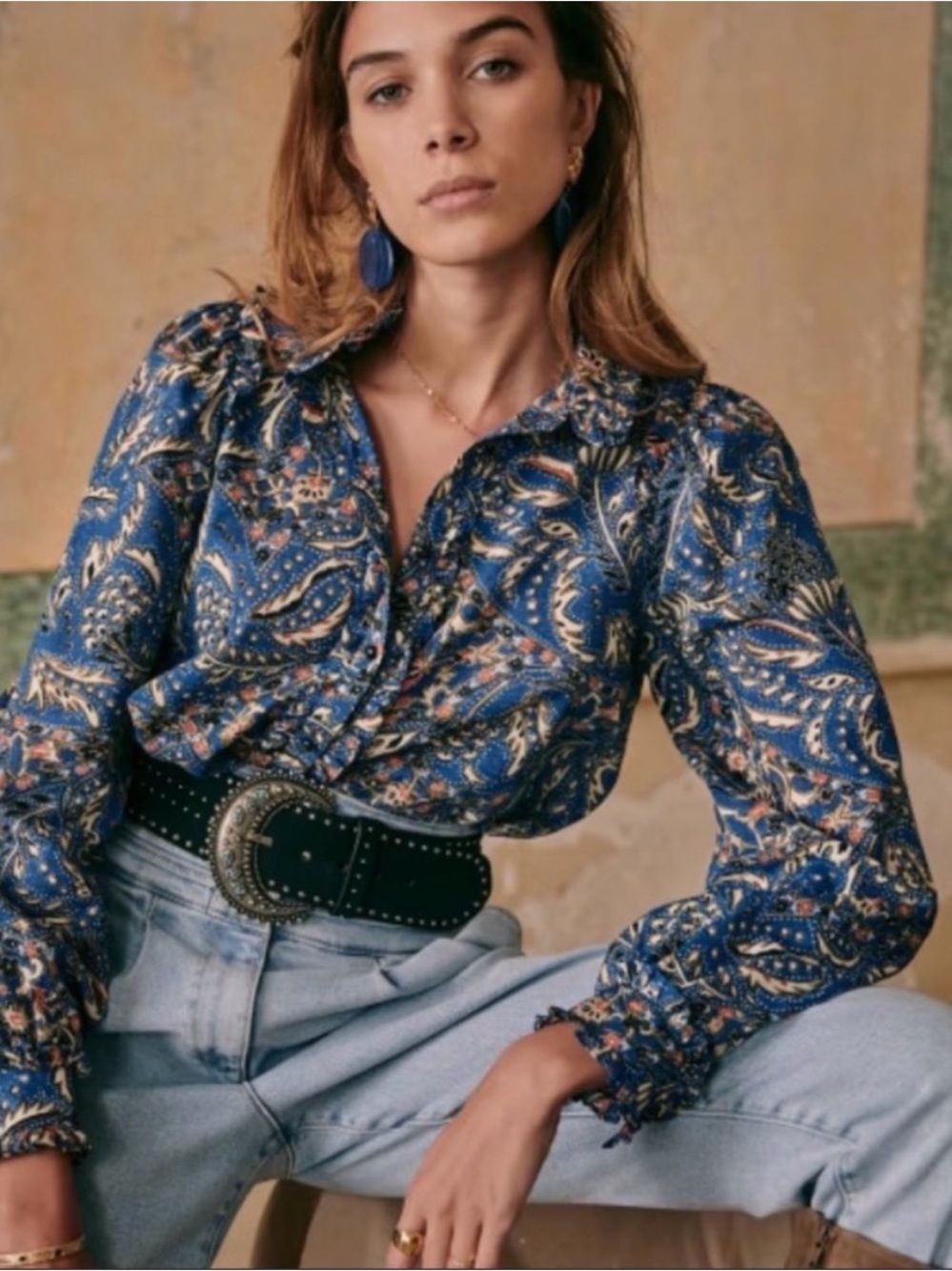 Sézane Mackenzie Shirt Ranch Printed Ruffle Collar Cuff Blouse Size EU34 US4